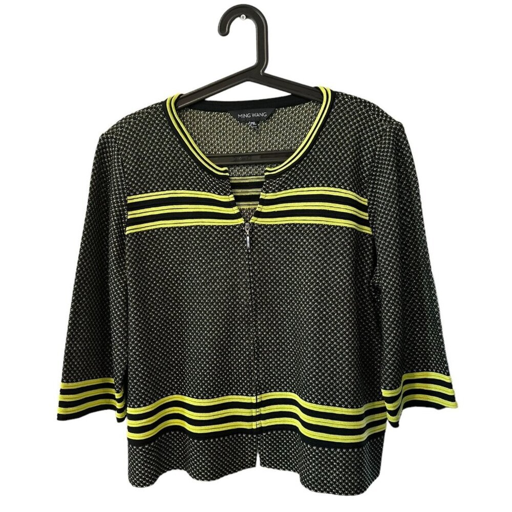 Ming Wang Black & Yellow Striped Knit Zip-Up Cardigan Sweater Top Size PXL